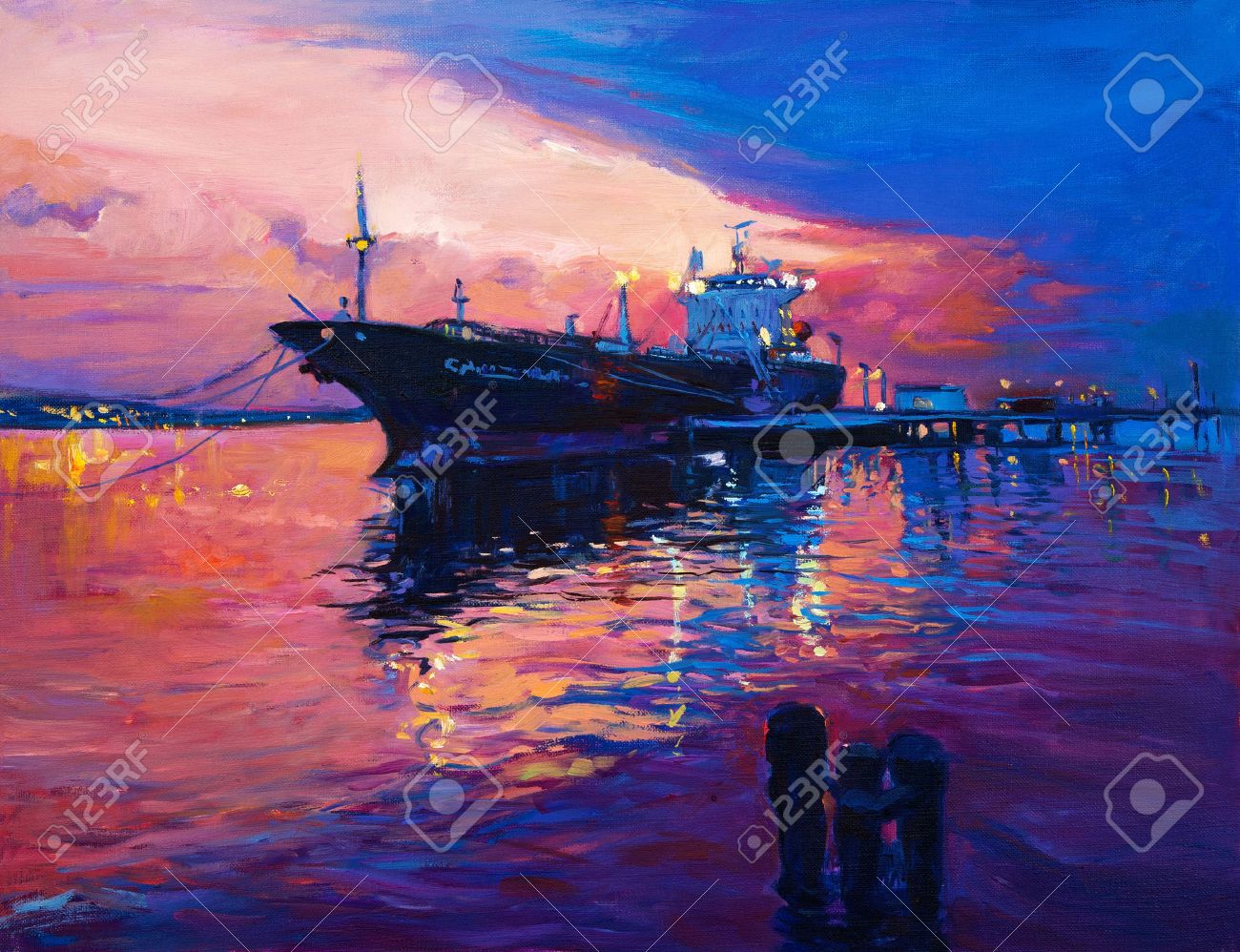 古い油絵画 キャンバス P10号 額縁 絵画 風景画 船 貨物船 港